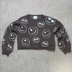 Brown Distressed Smiley Face Crop-Top Sweater